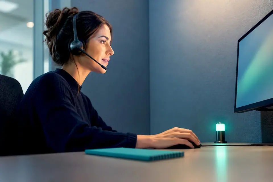 Callcenter-Mitarbeiterin nimmt einen Kundenanruf entgegen